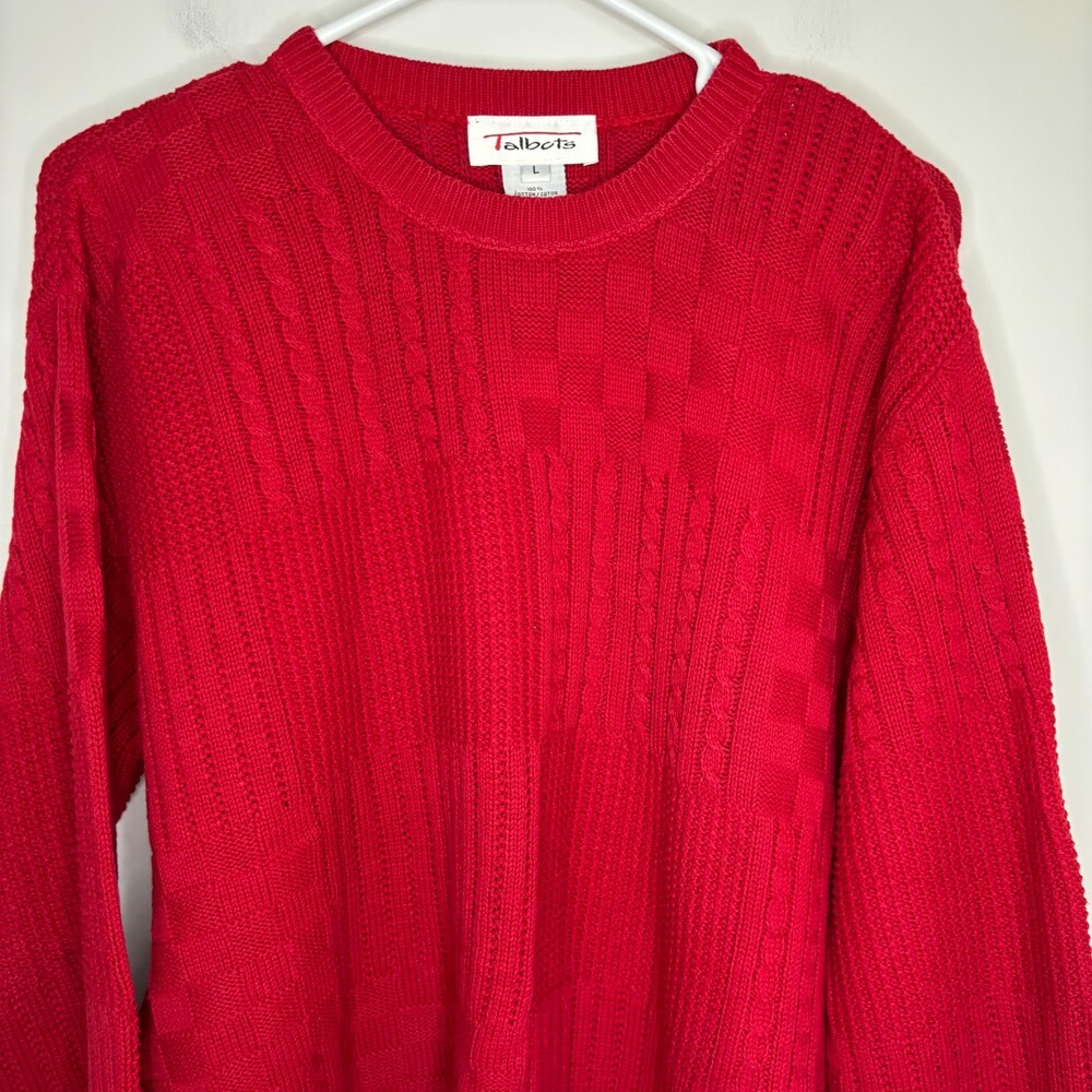 TALBOTS Knit Textured Sweater Womens L Red 100% Cotton Ribbing Comfy Casual
